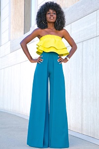 Stylish New Looks Beat Heat, yellow ruffle crop top blue wide leg pants