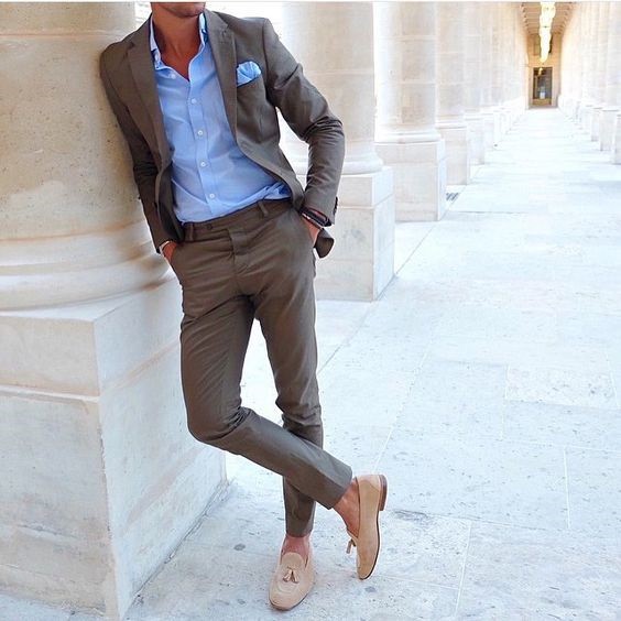 How to Dress for a Night On The Town, brown suit, tan tassel loafers