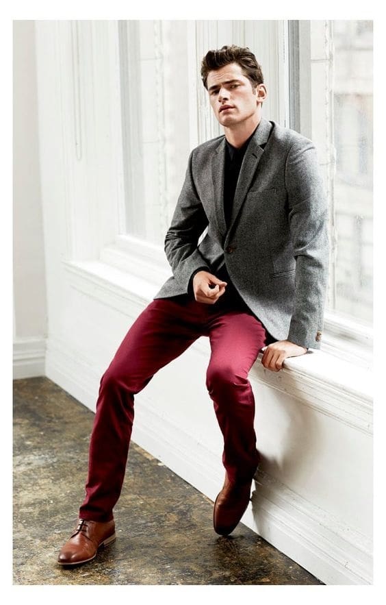 How to Dress for a Night on the Town, men's brick red pants, gray blazer with black shirt