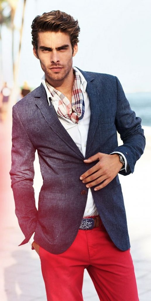How to Dress for a Night on the Town, men's red trousers and dark chambray blazer