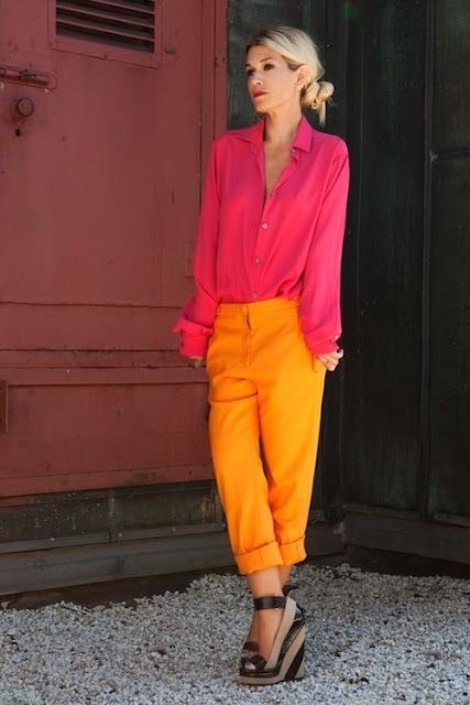 Labor Day Style...Napa Sonoma outfit, orange pants, red blouse and striped wedges