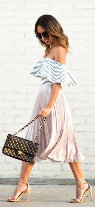 Labor Day Style...Napa Sonoma outfit, pleated skirt, striped off the shoulder top