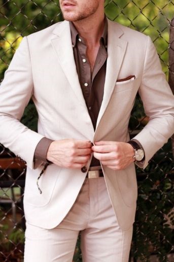 Men s khaki suit with brown button down shirt Divine Style