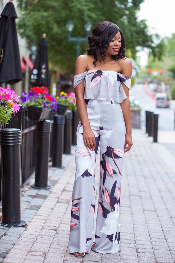 What to Wear to a Summer Soiree, sunset dinner, floral off the shoulder top in gray, floral pants