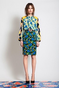 intermixing prints for the office, large print blouse with small print blue, yellow, black skirt 200 x 300