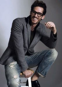 How to Dress for a Night On The Town, men's gray textured blazer, black shirt, distressed denim