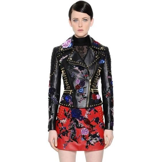 Fall Layering, floral leather embellished moto jacket by Zuhair Murad