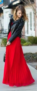Transition to Fall Fashion, red maxi dress with black leather jacket