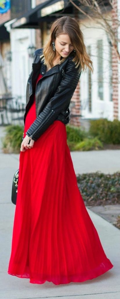 Transition to Fall Fashion, red maxi dress with black leather jacket
