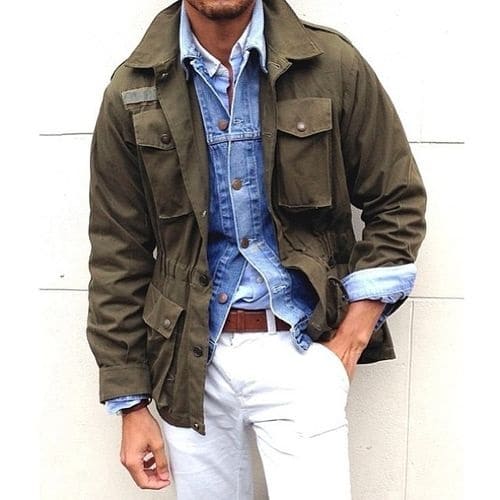 how to wear white post labor day, men's white jeans, jean jacket, olive field jacket