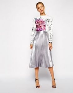 Fall Essentials, metallic skirt, Asos silver pleat skirt, floral sweater
