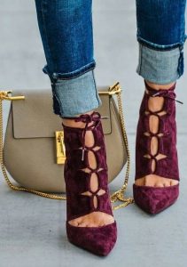Fall Essentials, velvet, burgundy velvet high heels, cuffed denim, Chloe bag