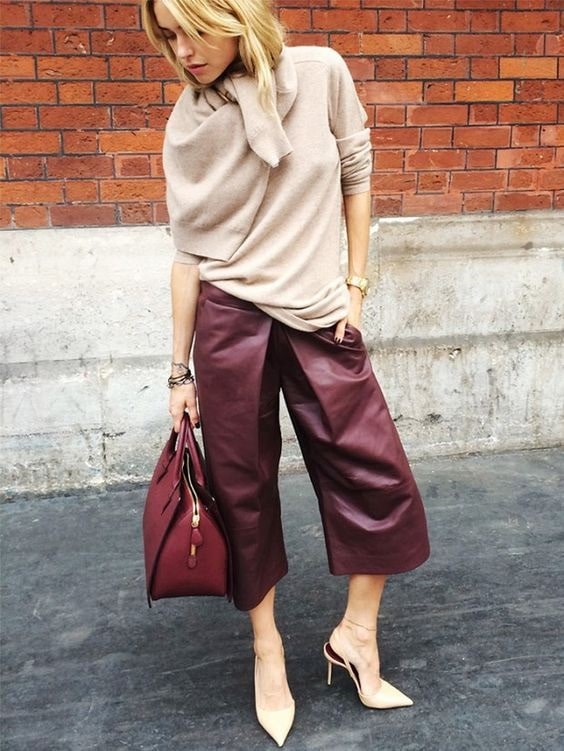 How to Wear Leather Pants, burgundy leather culottes and tan sweater high  heels