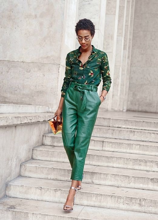 How to Wear Leather Pants, green leather cropped pants and print blouse