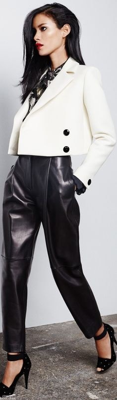 How to Wear Leather Pants, leather cropped pants and white blazer with blouse, leather pants office attire