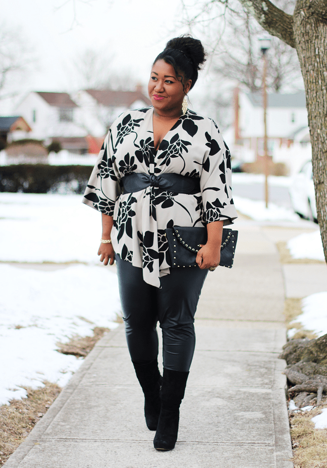 How to Wear Leather Pants, plus size women wearing leather pants and floral  blouse