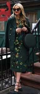 Holiday outfit, green embellished midi dress with green and gold button overcoat and green velvet heels