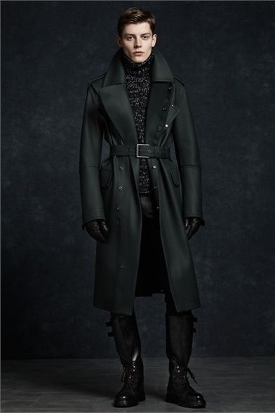 Men's winter outfit green overcoat belted