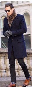 Men's winter outfit, navy overcoat with brown fur scarf and loafers