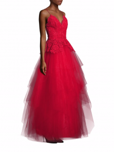 Nha Khanh red lace and tulle open back gown