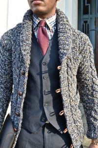 Men's winter outfit, men's winter work outfit, gray suit with cardigan sweater