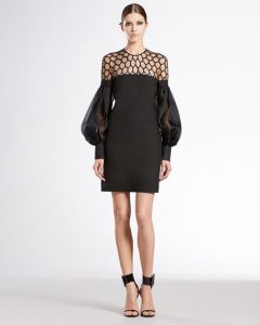 Gucci black silk dress with hive tulle and puff sleeves