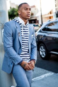 men's outfit, blue suit and striped hoodie with white button down