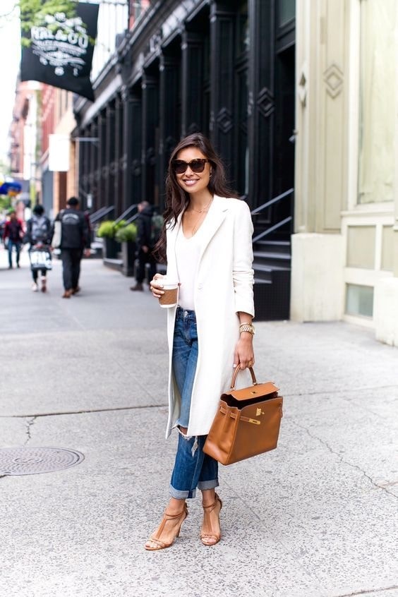 spring outfits in winter cuffed jeans and long white blazer with sandal  heels | Divine Style