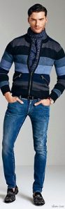 men's spring essentials, wearing white or light jeans, striped sweater, scarf and jeans