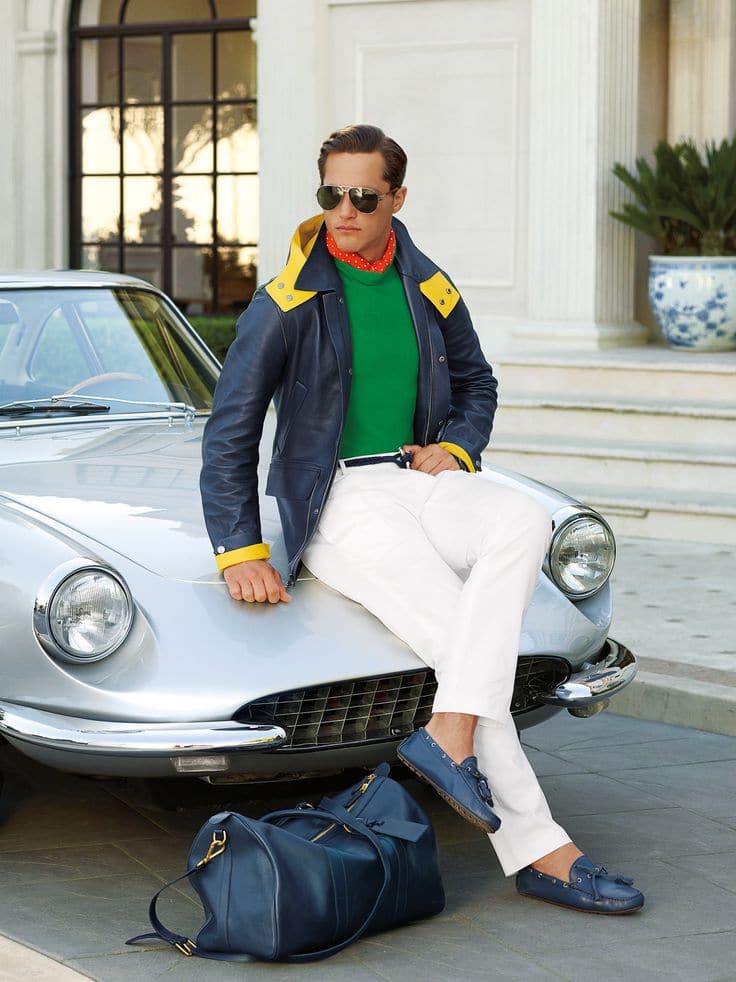 men's spring essentials, white jeans, green sweater and navy yellow jacket