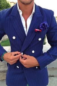 Men's spring suit colors, men's blue pinstripe double breasted suit