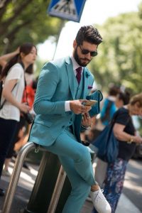 men's spring suit colors, men's green suit and white sneakers