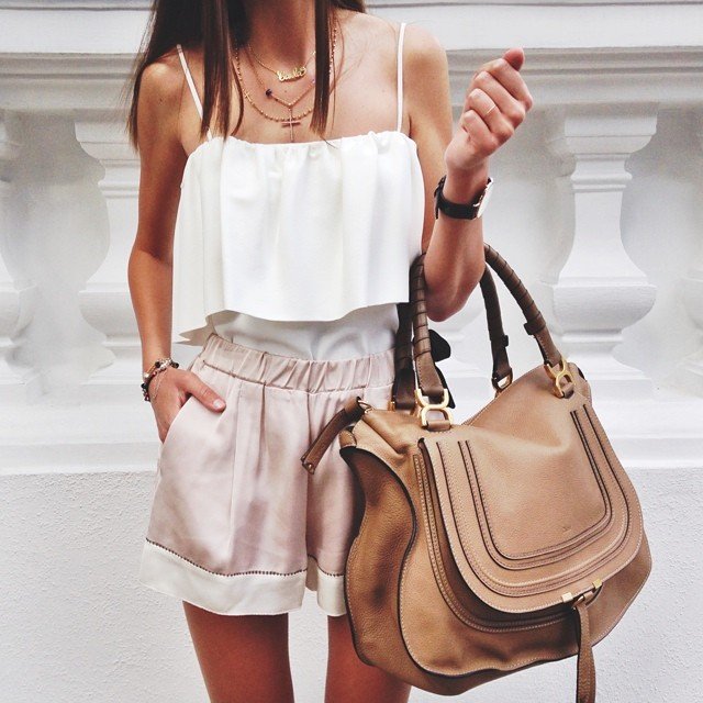 women's silk cream tank top and silk shorts with large chloe satchel