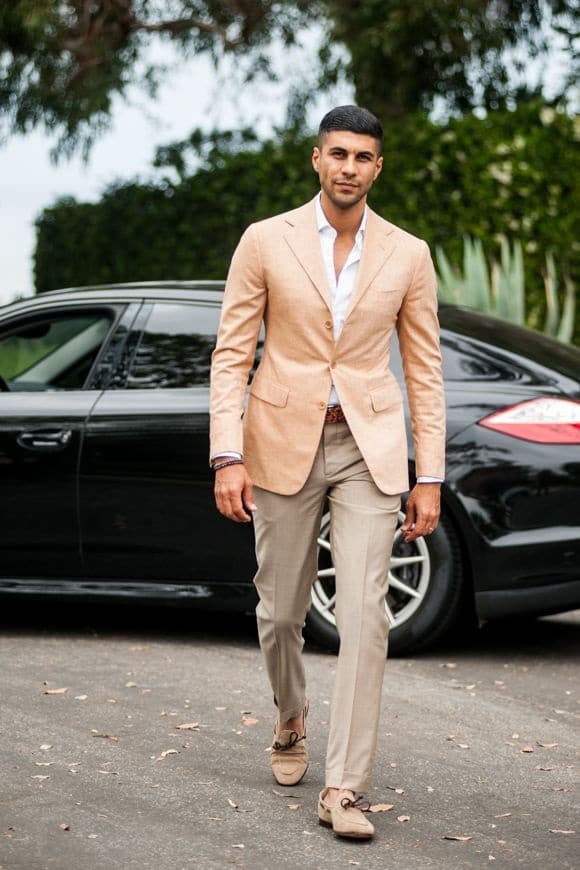 Men's Summer Essentials, men's popover shirt with suit, peach sport coat  and khaki pants with white popover