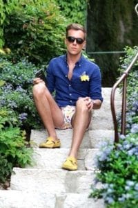 Men's Best Summer Slip-On Shoes, men's blue button down shirt with print shorts and yellow drivers