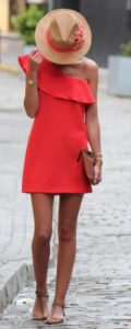 Summer date night outfit, red one shoulder sundress with straw hat and sandals