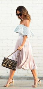 summer date night outfit, midi pleated skirt, striped off the shoulder flounce top