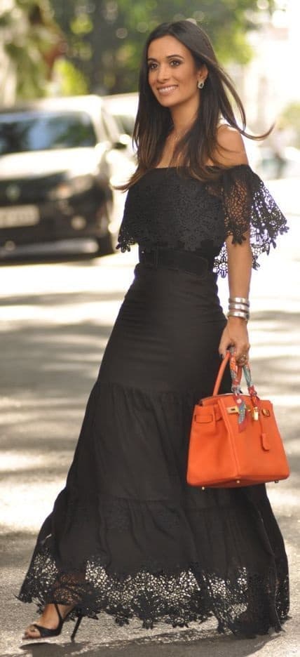 summer date night outfit, black off the shoulder lace maxi dress, orange satchel purse