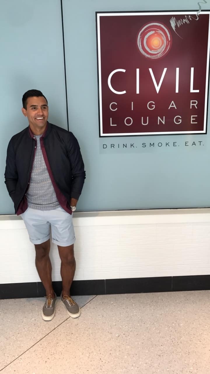 Diego Gonzalez-Zuniga wearing a cigar lounge look from Whiskey Ginger