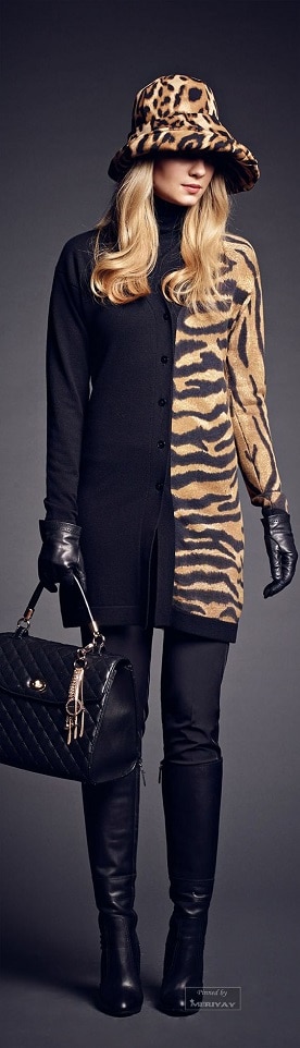 Fall prints....animal print. Leopard hat with black and camel color zebra print dress