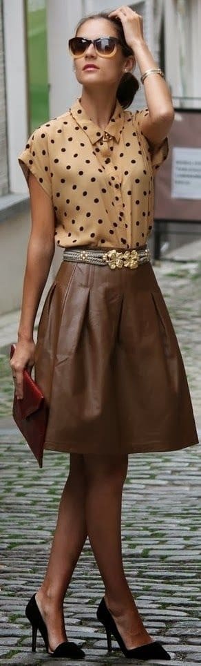 Fall prints. Polka dots. Camel polka dot top with brown leather skirt