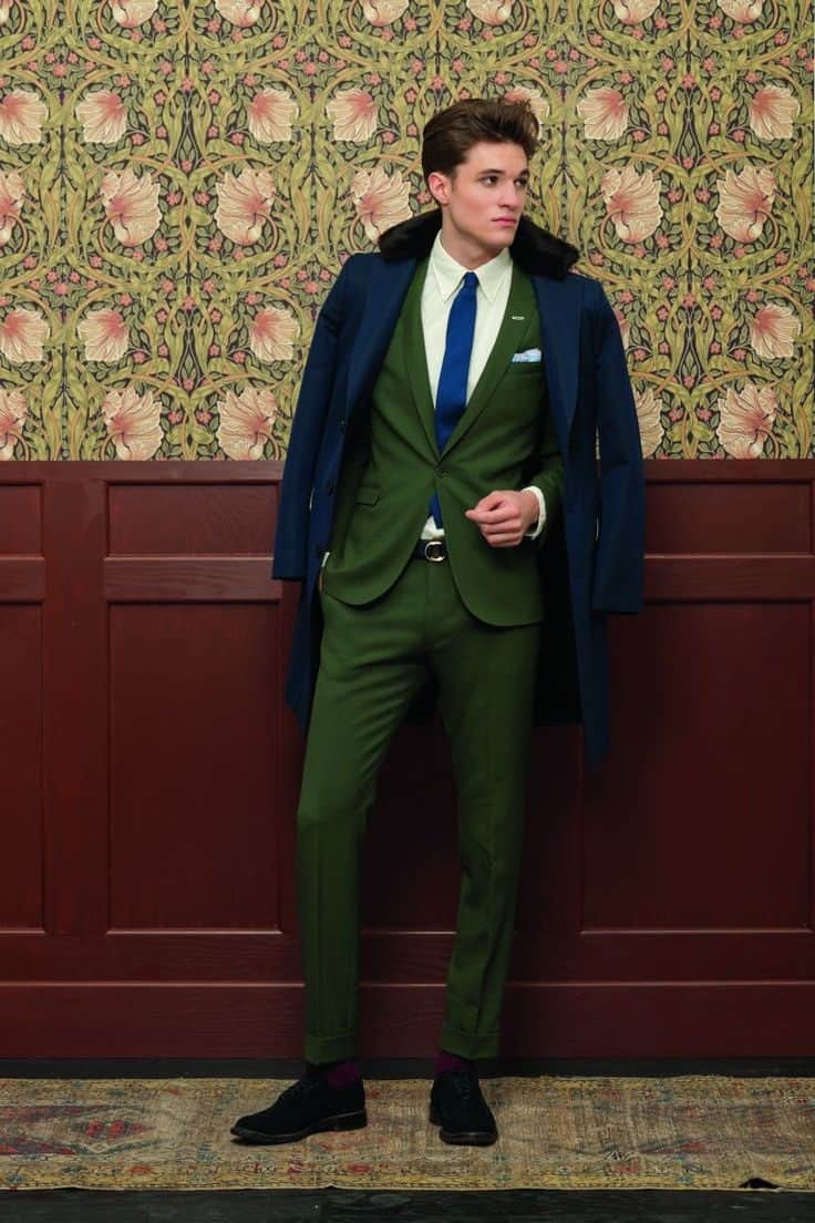 Mens Modern Suiting mens green suit with blue tie and blue overcoat min