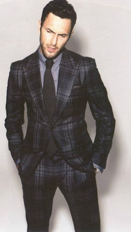 Men's Modern Suits, men's gray and blue plaid suit with gray button-down shirt