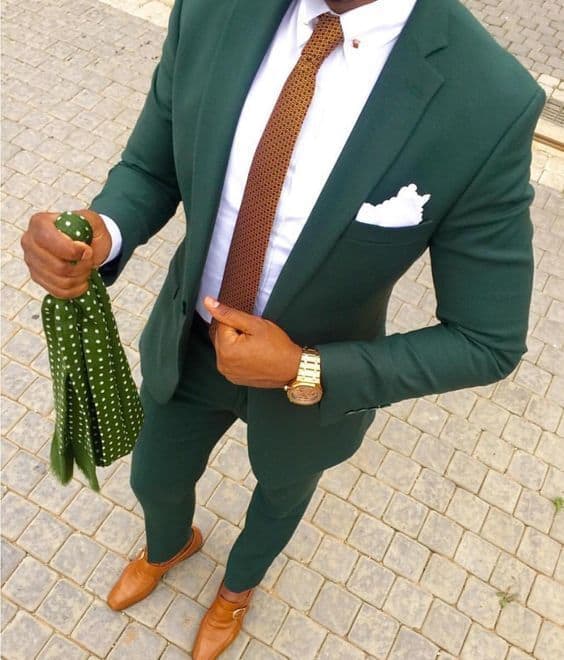 Men's Modern Suiting, men's green suit with camel tie and white button-down shirt