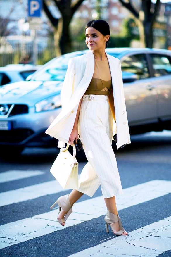 Holiday Office Party Outfit cream pant suit and camel metallic strapless top