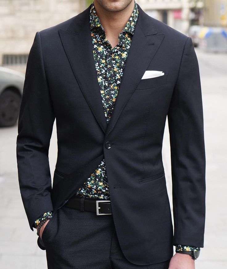 Holiday Office Party Outfit, men's black blazer and floral button down shirt