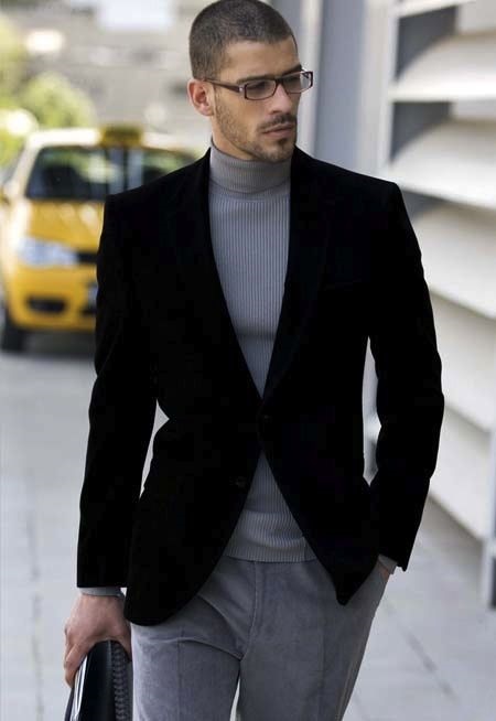 Holiday Office Party Outfit, men's black velvet blazer with gray turtleneck sweater and gray trousers