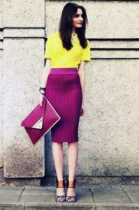 Colors that Beat the Winter Blahs, purple pencil skirt and clutch with yellow top