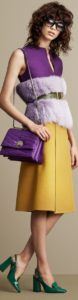 Colors that Beat the Winter Blahs, purple sleeveless top with fur belted with mustard yellow skirt