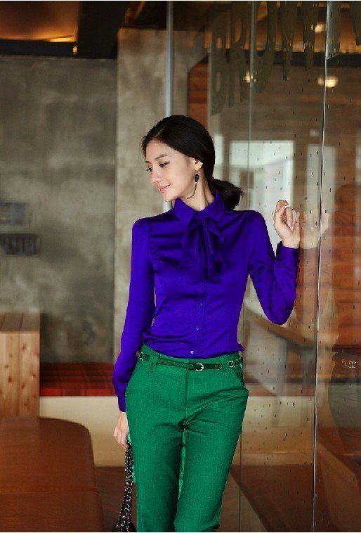 Colors to Beat the Winter Blahs womens green pants and sapphire blue blouse